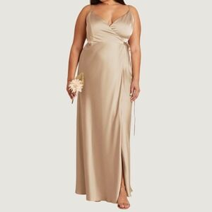 Birdy Grey Cindy Satin Dress Sz 2X Neutral Champagne Wrap Maxi Bridesmaid Gown